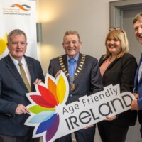 Kieran O’Donnell Minister of State at the Department of Health and at the Department of Housing - Local Government and Heritage, Cllr Mick Duff, Elaine Leech -SDCC Director of Housing - Social and Community Development and Professor Ronan Collins - SDCC Age Friendly Ambassador at the National Older People's Council Convention 2025 at the Maldron Hotel, Tallaght
