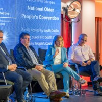 Panel Discussion hosted by Catherine McGuigan - Chief Officer Age Friendly Ireland with Colm Ward SDCC Chief Executive, Mike Hanrahan - Age Friendly Ambassador Clare, Moyah Murdoch - CE Insurance Ireland and Dr Graham Hughes - Clinical Lead NCAGL for Older Persons at Day 2 of the National Older People's Council Convention 2025 at the Maldron Hotel, Tallaght