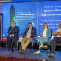 Panel Discussion hosted by Catherine McGuigan - Chief Officer Age Friendly Ireland with Colm Ward SDCC Chief Executive, Mike Hanrahan - Age Friendly Ambassador Clare, Moyah Murdoch - CE Insurance Ireland and Dr Graham Hughes - Clinical Lead NCAGL for Older Persons at Day 2 of the National Older People's Council Convention 2025 at the Maldron Hotel, Tallaght