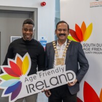 Joe Lamumba (SDCC) and Mayor of SDCC Cllr. Baby Pereppadan at Day 2 of the National Older People's Council Convention 2025 at the Maldron Hotel, Tallaght
